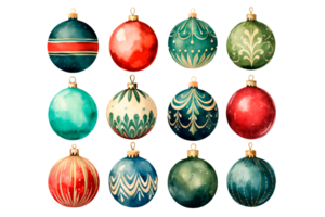 AI generated Watercolor Christmas tree decorations. Bright balls for decoration. png