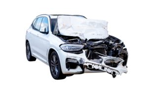 Full body front and side view of white car get damaged by accident on the road. damaged cars after collision. Isolated on transparent background, car crash broken, PNG File