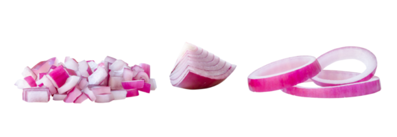 Fresh red or purple onion slices and quarter in stack isolated with clipping path in png file format