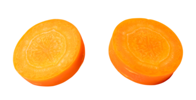 Top view set of fresh beautiful orange carrot slices isolated with clipping path in png file format