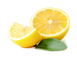 Fresh yellow lemon half with quarter and leaves isolated with clipping path and shadow in png file format