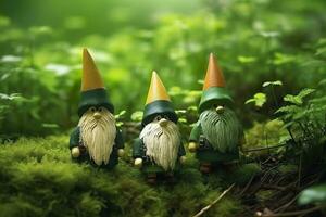 AI generated Toy Irish gnomes in a mystery forest, abstract green natural background. Generative AI photo