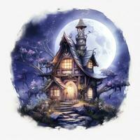 AI generated Moonlight dark themed night elf fairytale fantasy fairy house. AI Generated photo