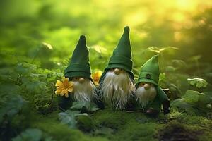 AI generated Toy Irish gnomes in a mystery forest, abstract green natural background. Generative AI photo