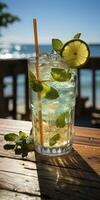 AI generated Stunning photo of cocktail mojito, a sunny summer beach in the background. Generative AI