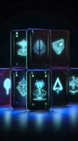 AI generated Some playing cards with glowing neon designs on a tablet. Generative AI photo