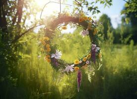 AI generated Rustic wildflowers wreath on a sunny meadow. Summer Solstice Day, Midsummer concept. Generative AI photo