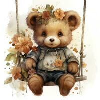 AI generated A cute happy teddy bear swings on a tree on a white background. AI Generated photo