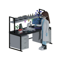 Isometric scientific laboratory equipment with the microscope and laboratory worker png