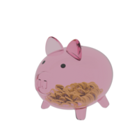 A pink piggy bank with gold coins in it 3d icon isolated png