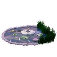 A small pond with a couple of swans and water lilies on it png