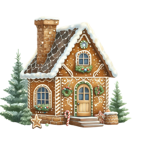 AI generated Christmas gingerbread house with red ribbon and gift box. png