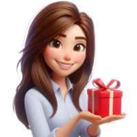 AI generated 3D illustration of a young business woman holding a red gift box. png