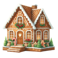 AI generated Christmas gingerbread house with red ribbon and gift box. png