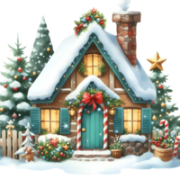 AI generated Christmas gingerbread house with red ribbon and gift box. png