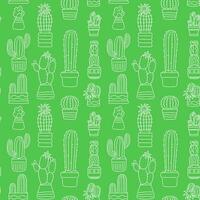 Seamless pattern with various doodle potted cacti on a green background. vector