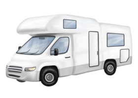 A white motorhome for car travelers. A car for tourist trips, adventures, family vacations and company parties. Comfortable outdoor recreation and camping. Digital isolated illustration png