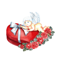 A red heart-shaped gift box with a white bow and a cupid decorated with roses. Hand-drawn watercolor illustration. For Valentine's Day, wedding. For packaging, leaflets, posters and banners, postcards png