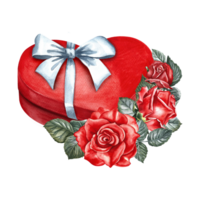 en röd hjärtformade gåva låda med en vit rosett dekorerad med rosor. ritad för hand vattenfärg illustration. för hjärtans dag, bröllop, födelsedag. för förpackning, flygblad, affisch och baner, vykort, skriva ut png