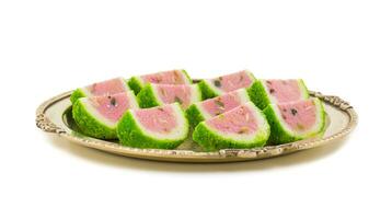 Indian Sweet Food Watermelon shaped Mawa Burfi photo