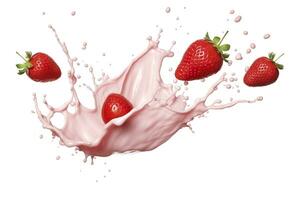 AI generated milk or yogurt splash with strawberries isolated on white background, 3d rendering. AI Generated photo