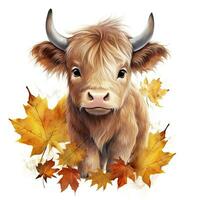 AI generated Happy cute baby highland cow in autumn leaves in the watercolor style. AI Generated photo