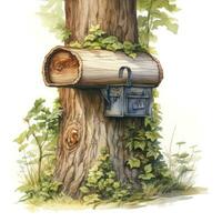 AI generated Watercolor mailbox in a tree on a white background. AI Generated photo
