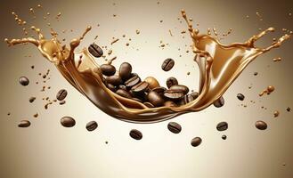 ai generado caliente líquido café chapoteo con café frijol descendente, 3d ilustración. ai generado foto