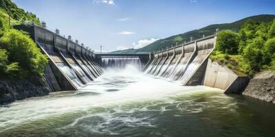 ai generado hidroeléctrico represa generando verde energía desde fluido agua. ai generado. foto