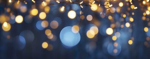 AI generated holiday illumination and decoration concept, Christmas garland bokeh lights over dark blue background. AI Generated photo