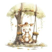 AI generated Cute baby giraffe on swings on the tree in watercolor style. AI Generated photo