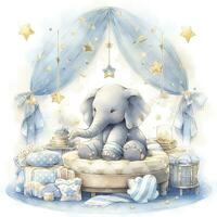 AI generated An elephant on a bed with stars and blankets around the circle. AI Generated photo