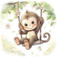 AI generated Cute happy baby monkey on swings on a tree in watercolor. AI Generated photo