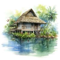 AI generated A watercolored bright serene image of a traditional bahay kubo. AI Generated photo