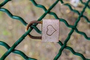 a padlock on a green chain link fence photo