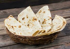 Indian Cuisine Tandoori Roti Served in Basket on Wooden Background photo