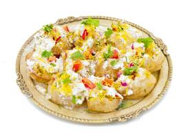 Indian Sweet And Spicy Chaat item Dahi Puri on White Background photo