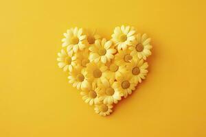 AI generated Yellow Heart Shaped By Yellow Daisies Over Yellow Background. AI Generated photo