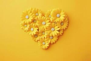 AI generated Yellow Heart Shaped By Yellow Daisies Over Yellow Background. AI Generated photo