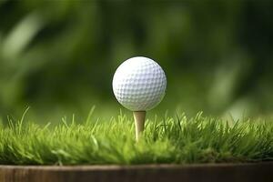 AI generated White golf ball on wooden tee with grass. Generative AI photo