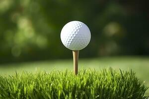 ai generado blanco golf pelota en de madera tee con césped. generativo ai foto