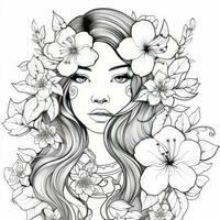 AI generated A girl on a coloring book page with Jasmine flowers. AI Generated photo