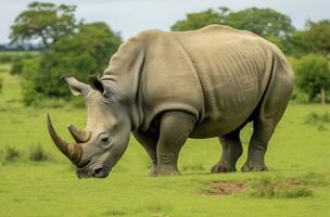 AI generated White Rhino grazing. AI Generated photo