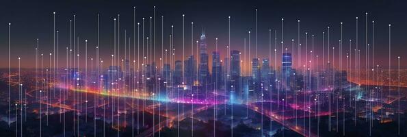 AI generated Smart city and abstract dot points connect with gradient lines and aesthetic Intricate wave line design, big data connection technology concept. AI Generated photo