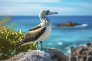 AI generated The rare blue-footed booby rests on the beach. AI Generated photo