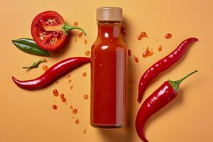 AI generated Tabasco hot pepper sauce with red chili pepper, flat lay. Generative AI photo