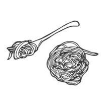 Hand drawn sketch black and white of pasta, spaghetti, fork. Vector illustration.