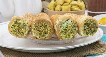 Indian Sweet Bakery Food Puff Roll with Cream photo