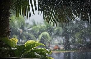 ai generado lluvia en el zona tropical durante el bajo temporada o monzón estación. gotas de lluvia en un jardín. generativo ai foto