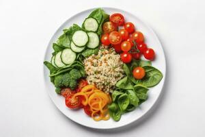 ai generado ensalada con quinua, espinaca, brócoli, Tomates, pepinos y zanahorias. ai generado foto